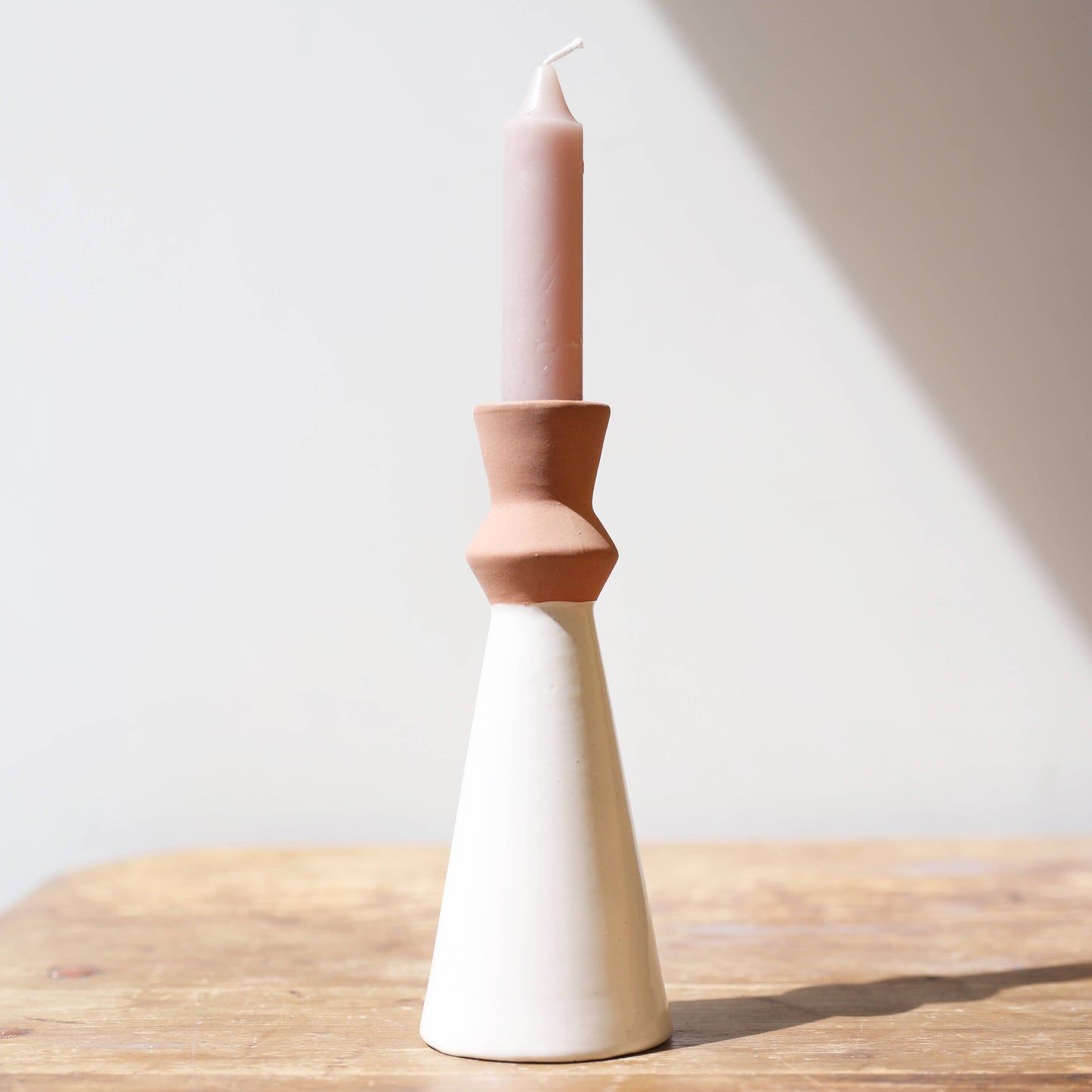 WHITE AND TERRACOTTA CANDLESTICK HOLDER