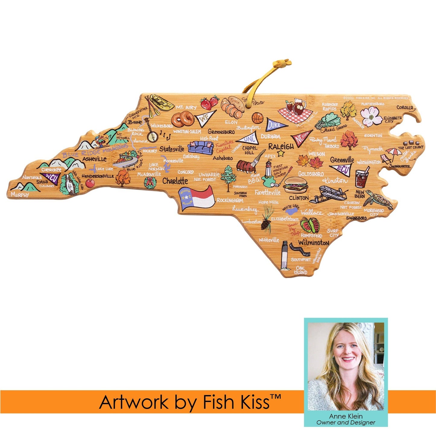 North Carolina Cutting Board with Artwork by Fish Kiss™